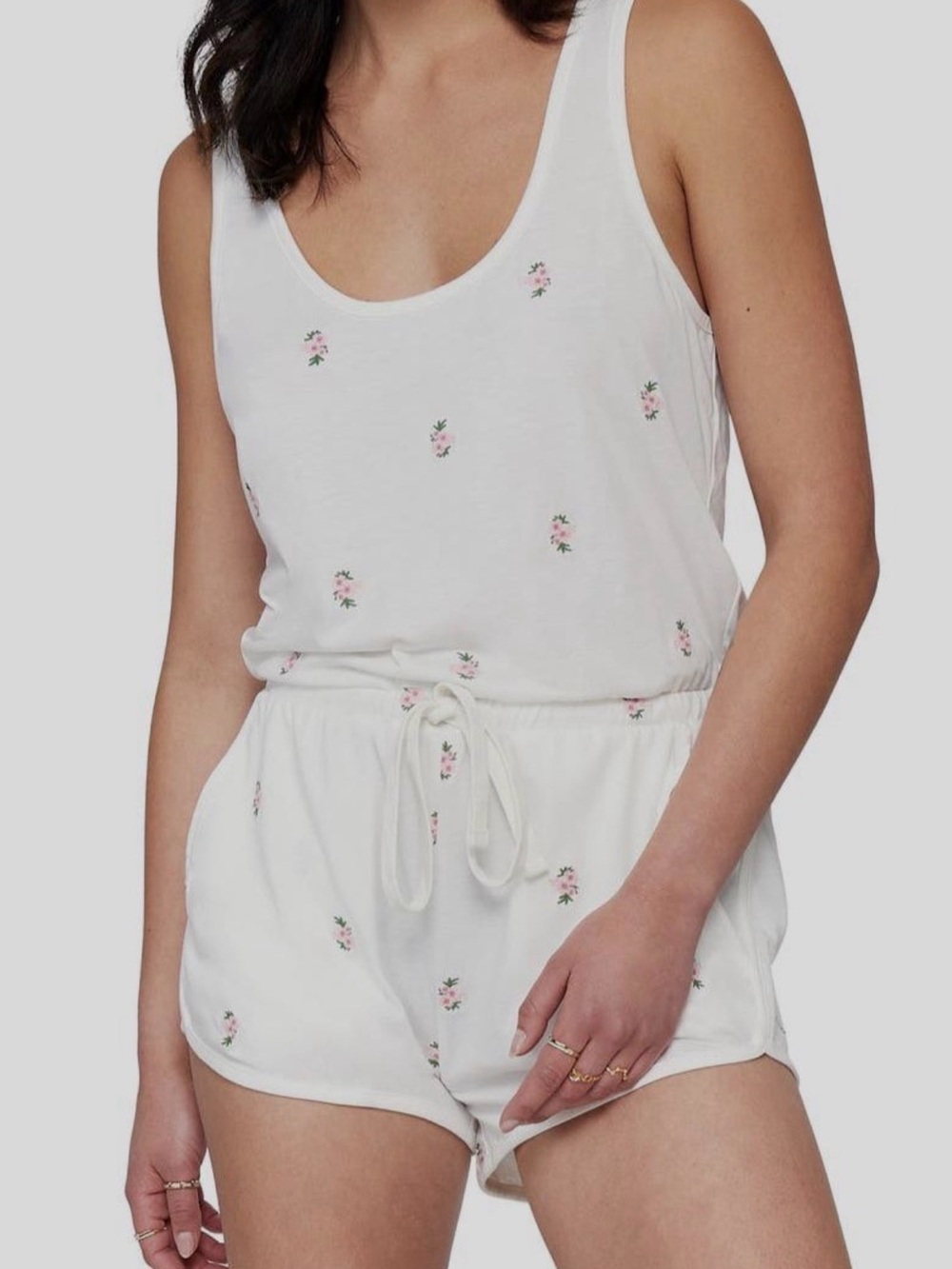Spiritual Gangster White Floral Tank Romper with Pink Accents
